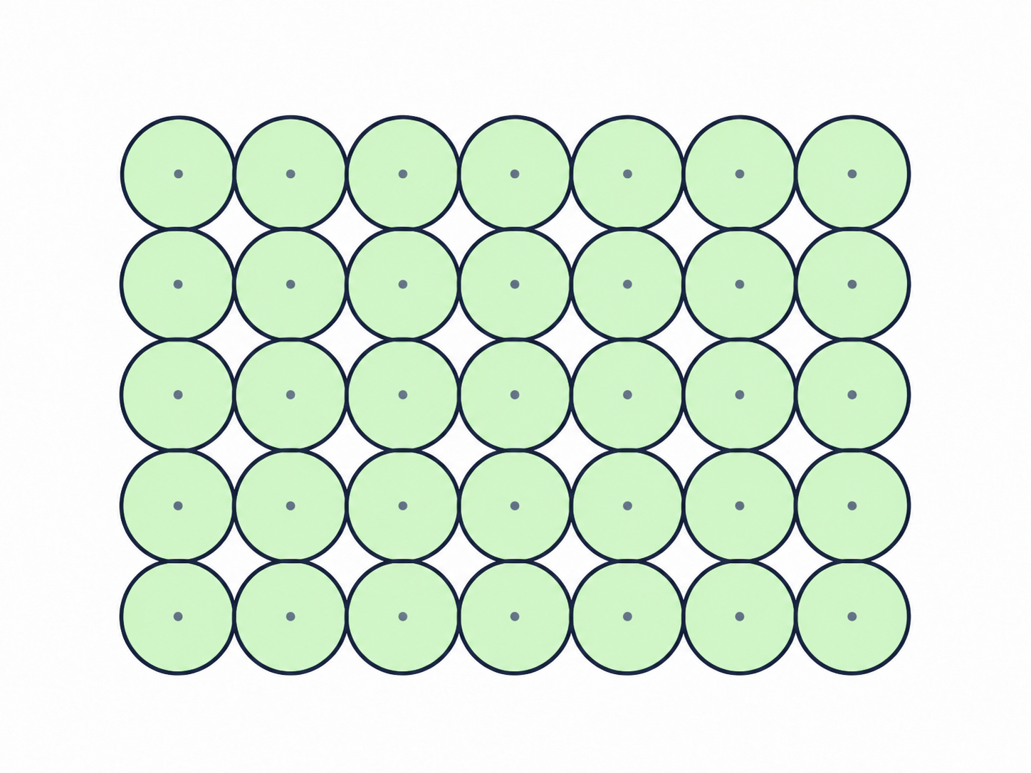 Equal spheres arranged in rows directly above one another