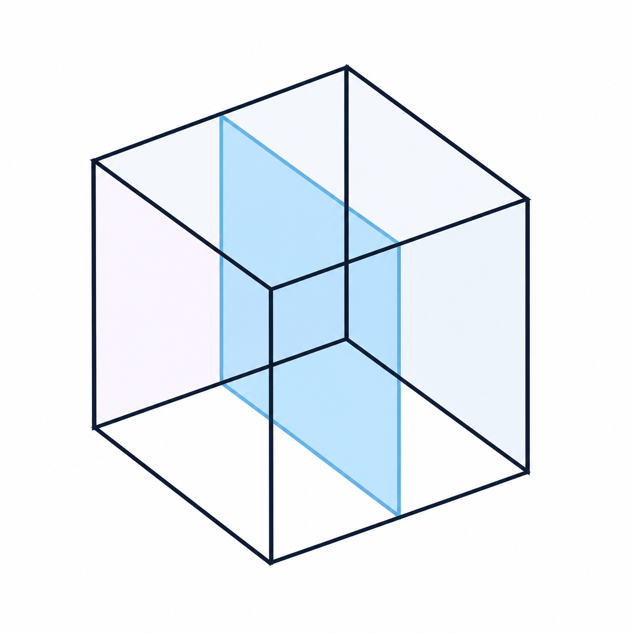 Cube shown in perspective with a plane of symmetry passing through its centre